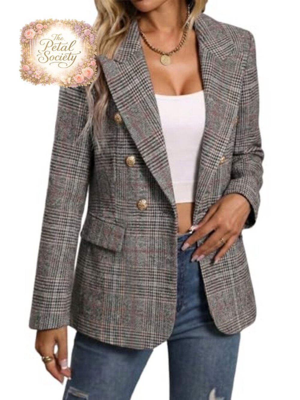 Tweed Plaid Blazer Double-Breasted Business Casual Coat